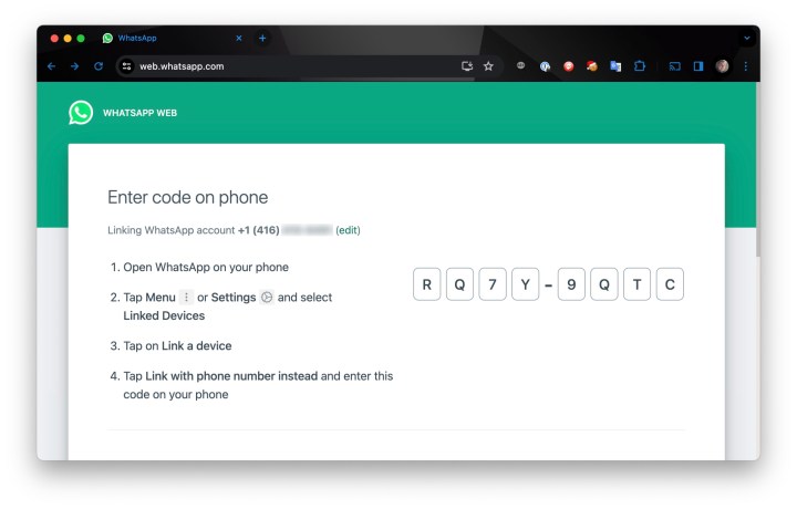 WhatsApp Web-Verknüpfung mit einer Telefonnummer und manuellem Code in Chrome.