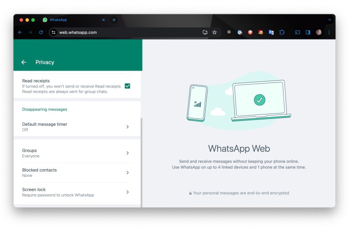 WhatsApp Web-Datenschutzeinstellungen in Chrome.