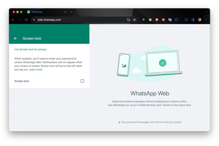 Einstellungen für die Bildschirmsperre von WhatsApp Web in Chrome.