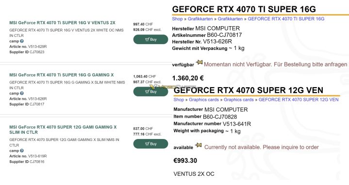 Durchgesickerte Händlerliste der kommenden MSI RTX 40 Super GPUs.