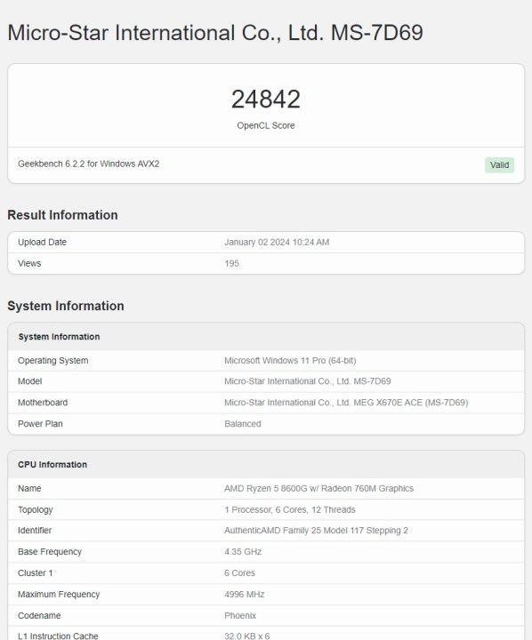 Screenshot der durchgesickerten Geekbench-Benchmark-Ergebnisse des kommenden AMD Ryzen 8600G.