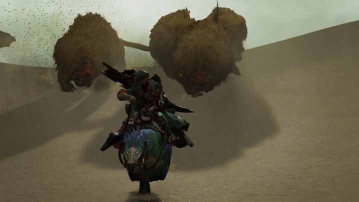Ein Jäger, der auf einem Monster in der Wüste reitet.