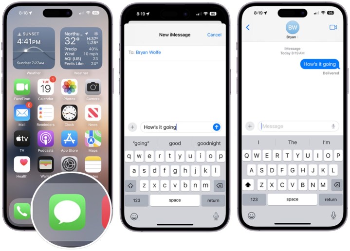 Screenshots, die zeigen, wie man eine Nachricht in iMessage auf dem iPhone sendet.
