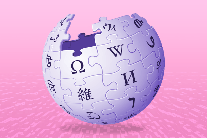 das Wikipedia-Logo auf rosa Hintergrund