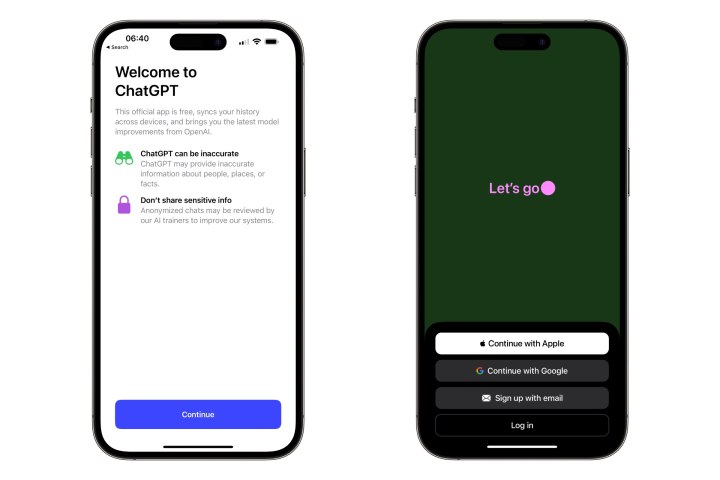 ChatGPT auf dem iPhone-Begrüßungs- und Anmeldebildschirm.