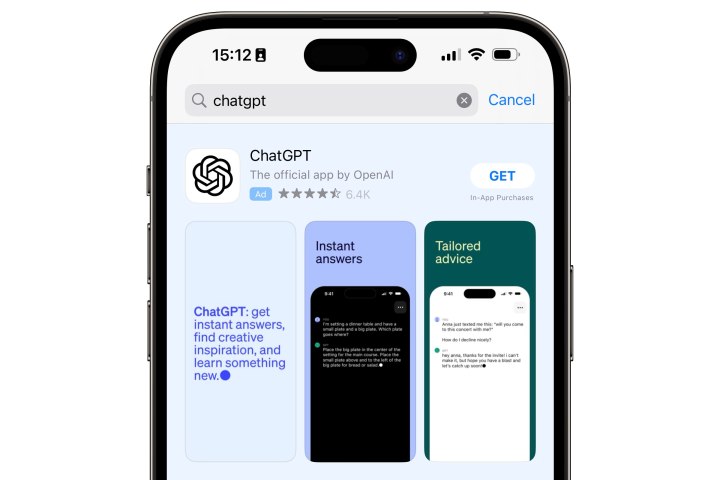 ChatGPT-Seite in den Suchergebnissen des iPhone App Store.