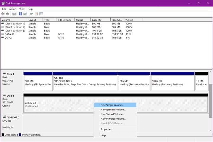 Die Windows 10-Option „Neues einfaches Volume“ in der Datenträgerverwaltung.