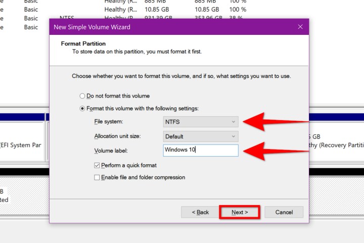 Das Popup-Fenster „Neues einfaches Dateisystem zur Datenträgerauswahl“ in der Windows-Datenträgerverwaltung.