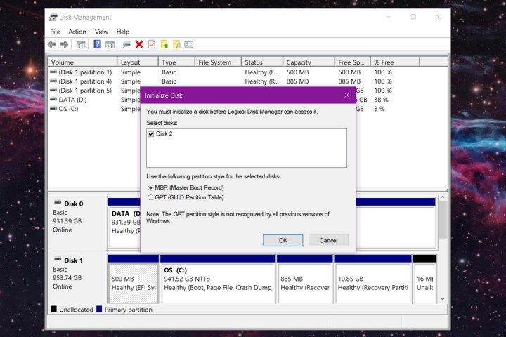 Der Windows 10-Bildschirm „Datenträger initialisieren“.