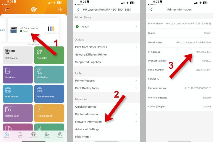 Drei Screenshots zeigen ein Beispiel für die Suche nach IP-Adressen in der mobilen App von HP.