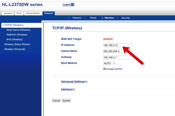 Die IP-Adresse wird möglicherweise auf dem Webserver des Druckers angezeigt.