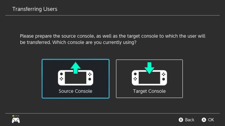 Quellkonsolen- und Zielkonsolenbildschirm auf Nintendo Switch.