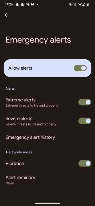 Der Amber Alerts-Bildschirm auf Android 13.