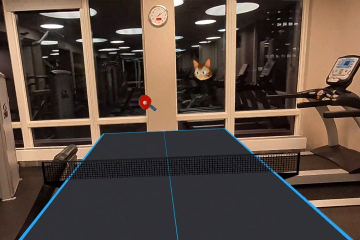 Eine virtuelle Tischtennisplatte im Wohnzimmer von jemandem.