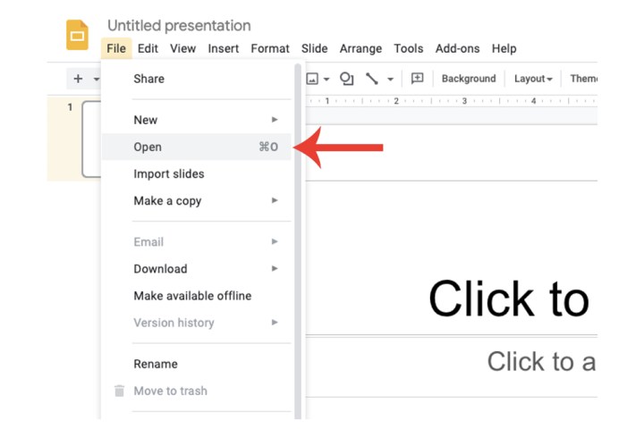 Die Schaltfläche „Öffnen“ in Google Slides wird zum Konvertieren einer PowerPoint-Datei in ein Google Slides-Format verwendet.