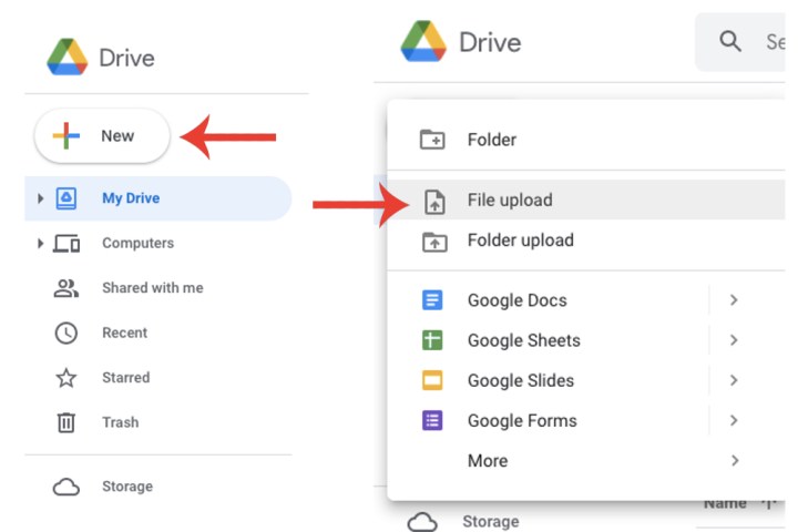 Hinzufügen einer neuen Datei in Google Drive über die Schaltflächen „Neu“ und „Datei hochladen“.
