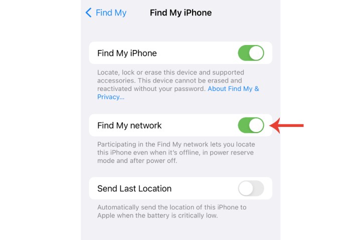 Die Schaltfläche „Mein Netzwerk suchen“ auf dem iPhone, um die Offline-Suchfunktion nach verlorenen Apple-Geräten zu aktivieren.