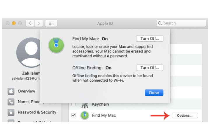 Die Offline-Suchfunktion für „Meinen Mac suchen“ auf dem Mac.