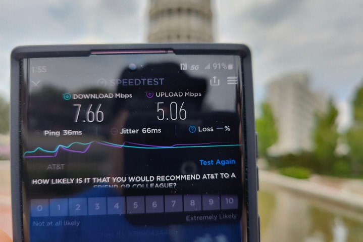 Speedtest-Ergebnisse auf einem Samsung Galaxy S22 Ultra.