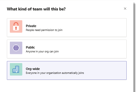 Öffentliche und private Optionen in Microsoft Teams.