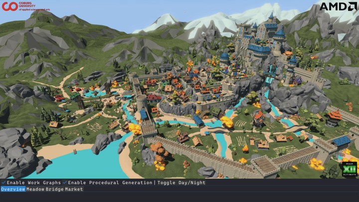 Eine Demo von AMD-GPU-Arbeitsdiagrammen mit In-Game-Szenerien, einschließlich einer Burg und einer Stadt.