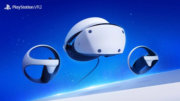 PlayStation VR2-Headset auf blauem Hintergrund.