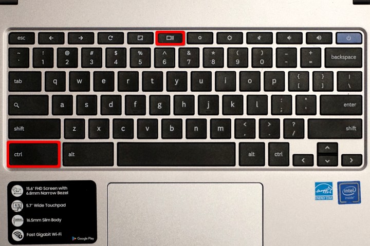 Eine Chromebook-Tastatur mit zwei rot hervorgehobenen Tasten.