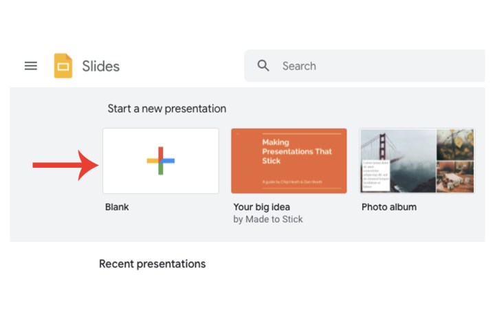 Der Bereich zum Starten einer neuen Präsentation in Google Slides.