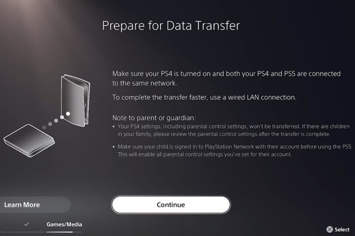 Der Bildschirm zur Vorbereitung der Datenübertragung auf PlayStation 5.