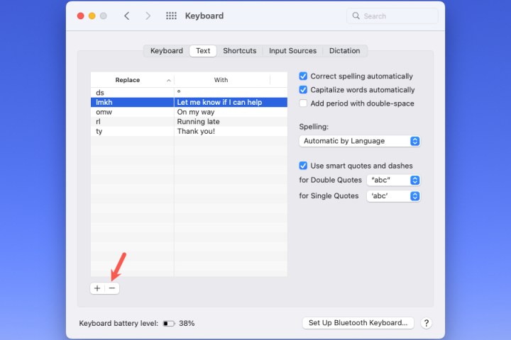 Minuszeichen-Schaltfläche zum Löschen einer Textersetzung auf dem Mac.