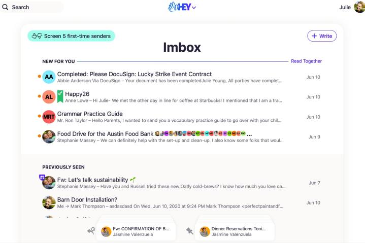 Der Imbox-Bereich der Hey-E-Mail-App mit verschiedenen E-Mail-Nachrichten.