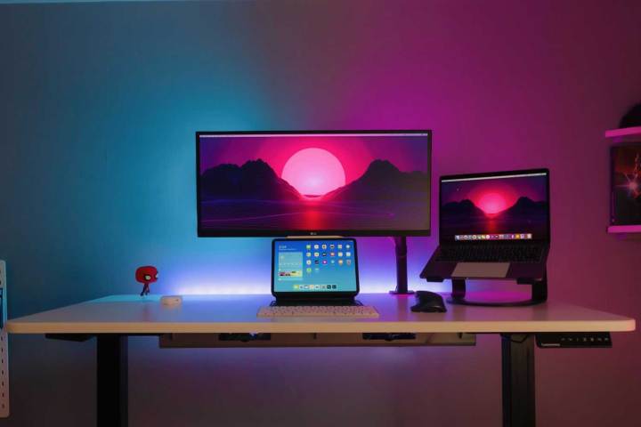 PC-freier Schreibtisch mit zwei Laptops.