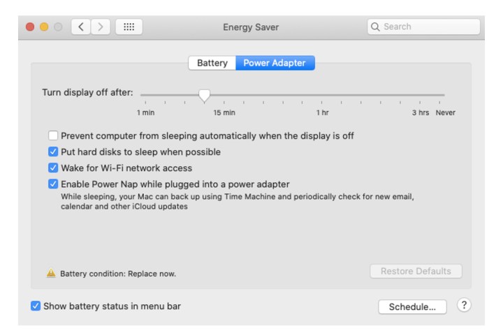 Die Optionen zum Energiesparen des Netzteils auf dem Mac.