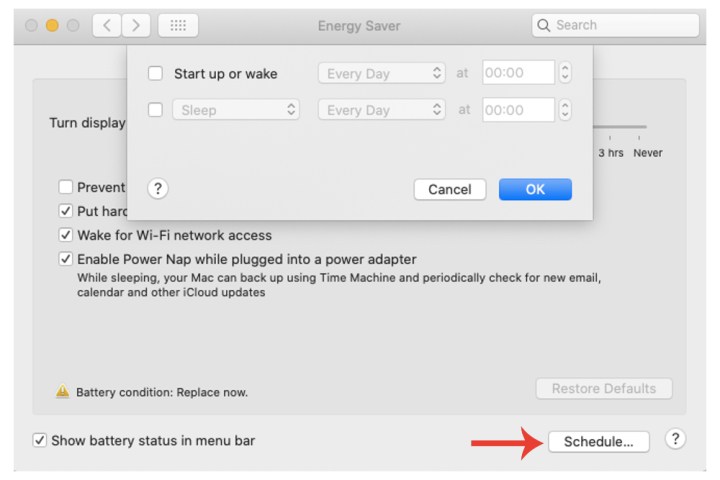 Die Schaltfläche „Planen“ für Energiesparoptionen auf dem Mac.