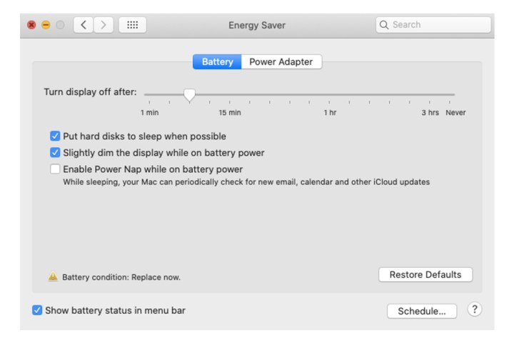 Die Optionen zum Energiesparen des Akkus auf dem Mac.