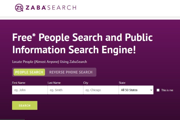 Die ZabaSearch-Website und ihre Personensuchleiste.