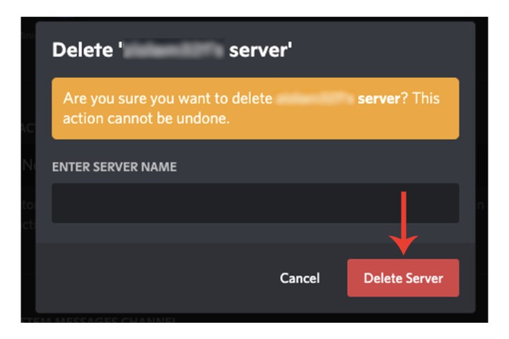 Geben Sie den Namen eines Discord-Servers ein, um dessen Löschung zu bestätigen.