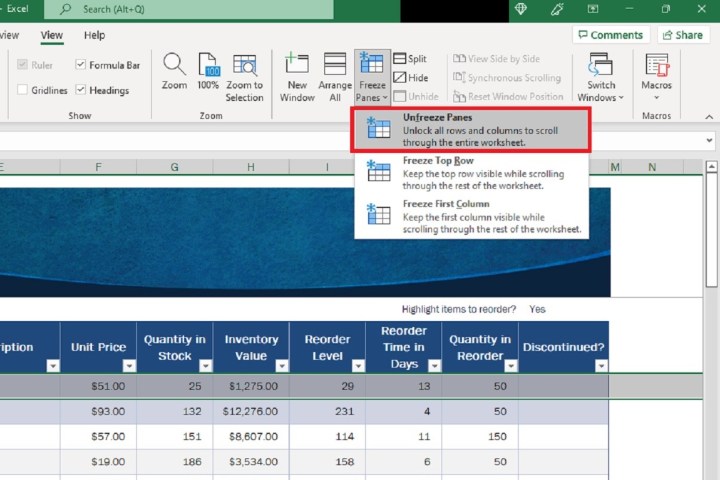 Ein Excel-Screenshot mit der Menüoption „Fenster freigeben“.