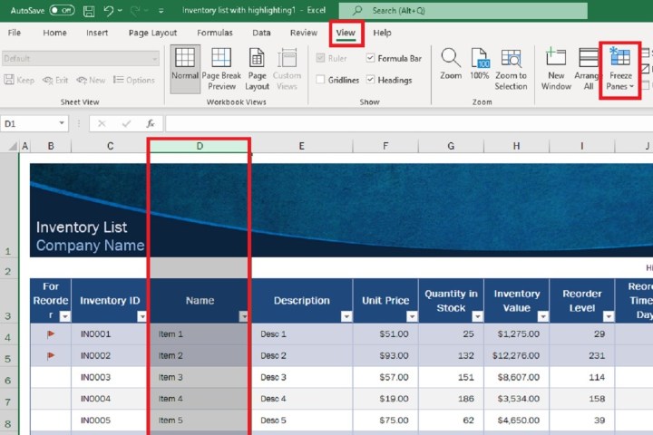Ein Excel-Screenshot, der die Spaltenauswahl, die Registerkarte „Ansicht“ und die Option „Fenster einfrieren“ zeigt.