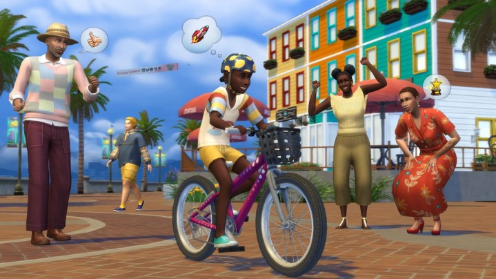 Ein Kinder-Sim fährt Fahrrad, während andere Sims ihn anfeuern.