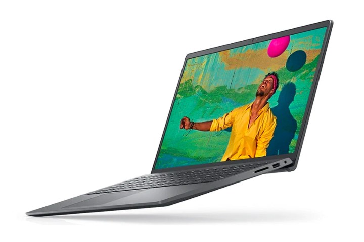 Dell Inspiron 15 3000 Laptop auf weißem Hintergrund mit einer farbenfrohen Szene.