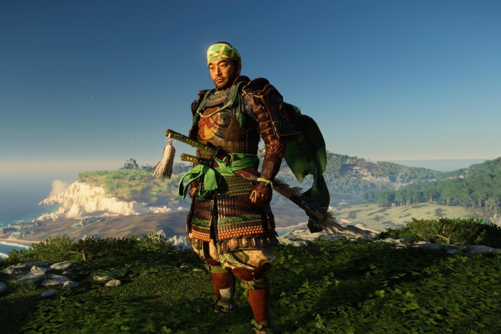 Jin trägt die Sarugami-Rüstung mit der Insel Iki im Hintergrund.