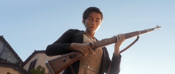 Im Enthüllungstrailer von Company of Heroes 3 hält eine Frau eine Waffe in der Hand.