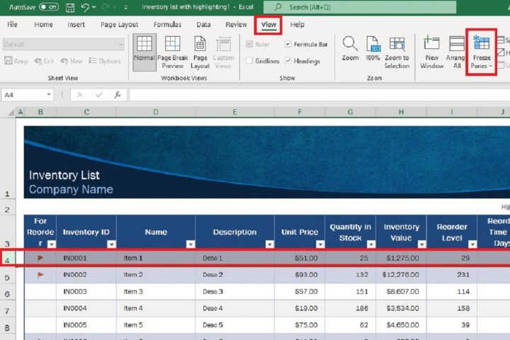 Ein Excel-Screenshot, der die auszuwählende Zeile und das Registerkartenmenü „Ansicht“ zum Einfrieren von Zeilen zeigt.