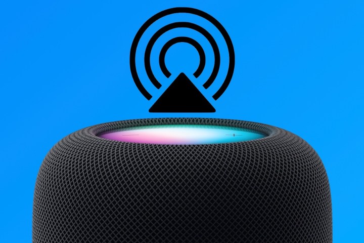 Ein Apple AirPlay-Symbol schwebt über einem Apple HomePod-Lautsprecher.