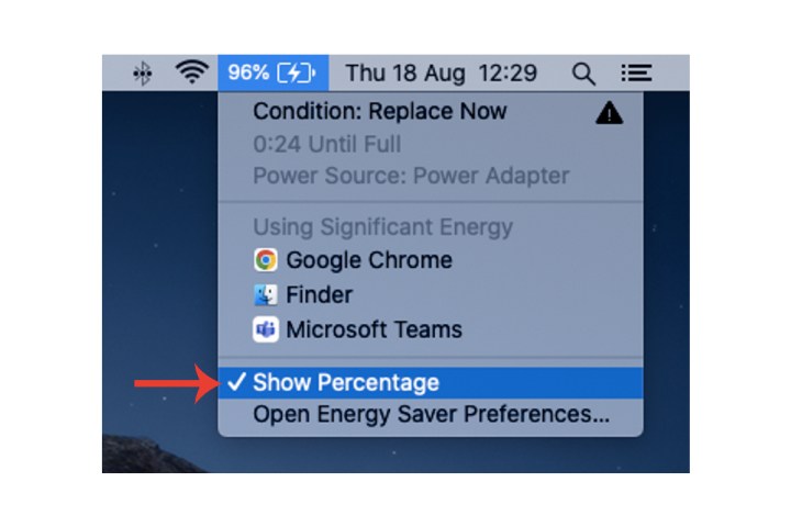 Die Option „Prozentsatz anzeigen“ für den Akku des Mac.
