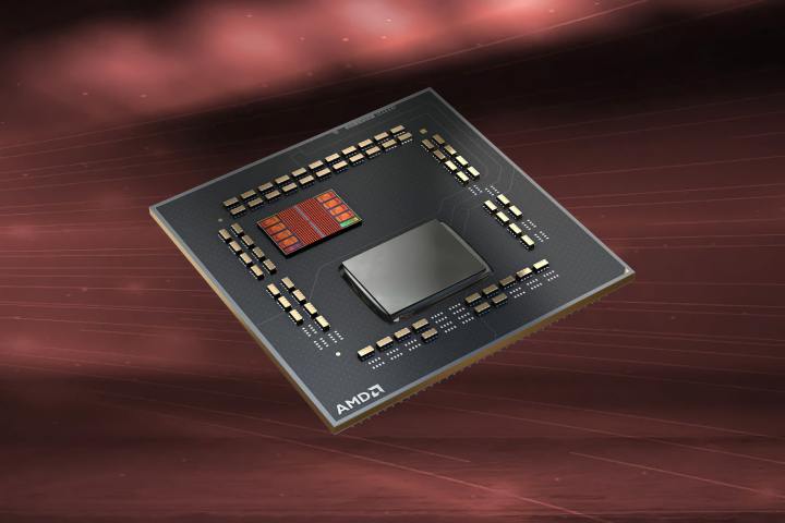 Der AMD 3D V-Cache-Chip wird vor einem kupferfarbenen Hintergrund angezeigt.