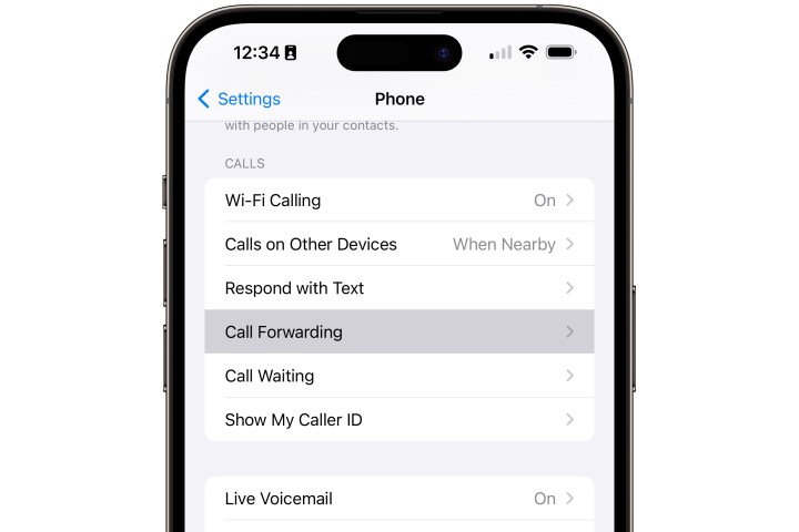 Abschnitt „Telefon“ in der iPhone-Einstellungs-App mit hervorgehobener Anrufweiterleitung.