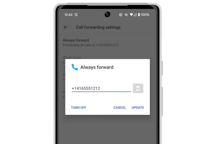 Android-Anrufweiterleitungseinstellungen zeigen die Nummer an, an die Anrufe weitergeleitet werden sollen.