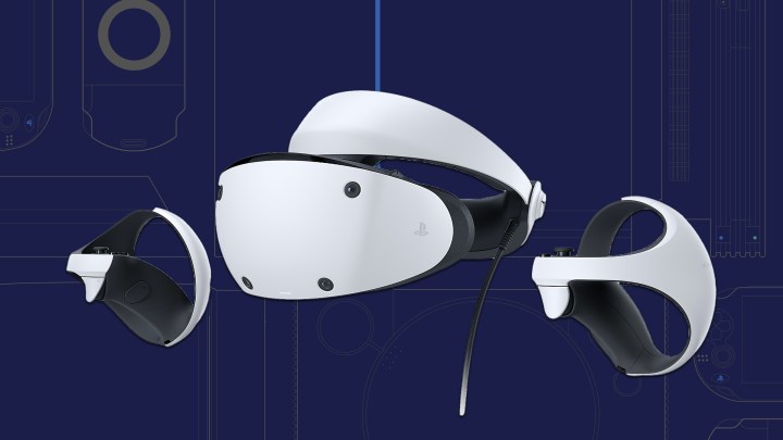 PlayStation VR2-Headset auf einem PlayStation-Hintergrundbild.
